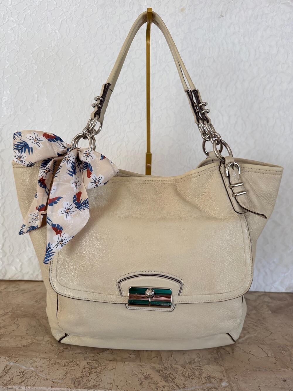 XL COACH Kristin Pinnacle Ivory Pebbled Leather Carryall Shoulder Bag 19395
